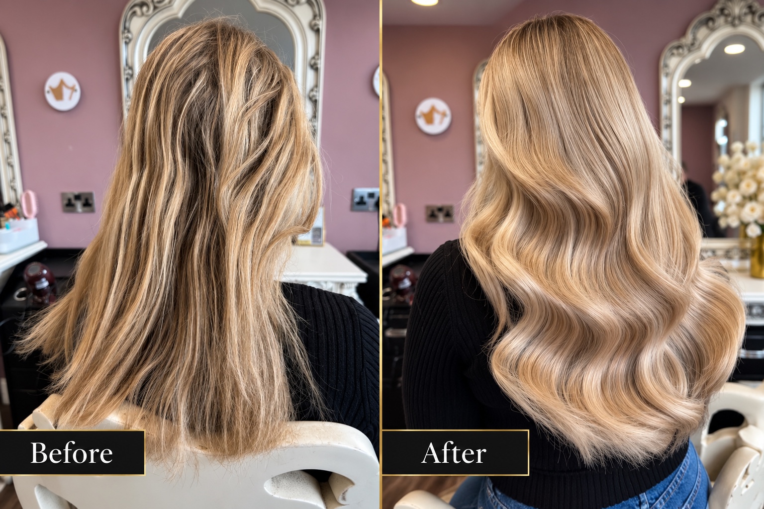 Blonde Silent Weaves™ before and after at iHobbs, with long flowing waves