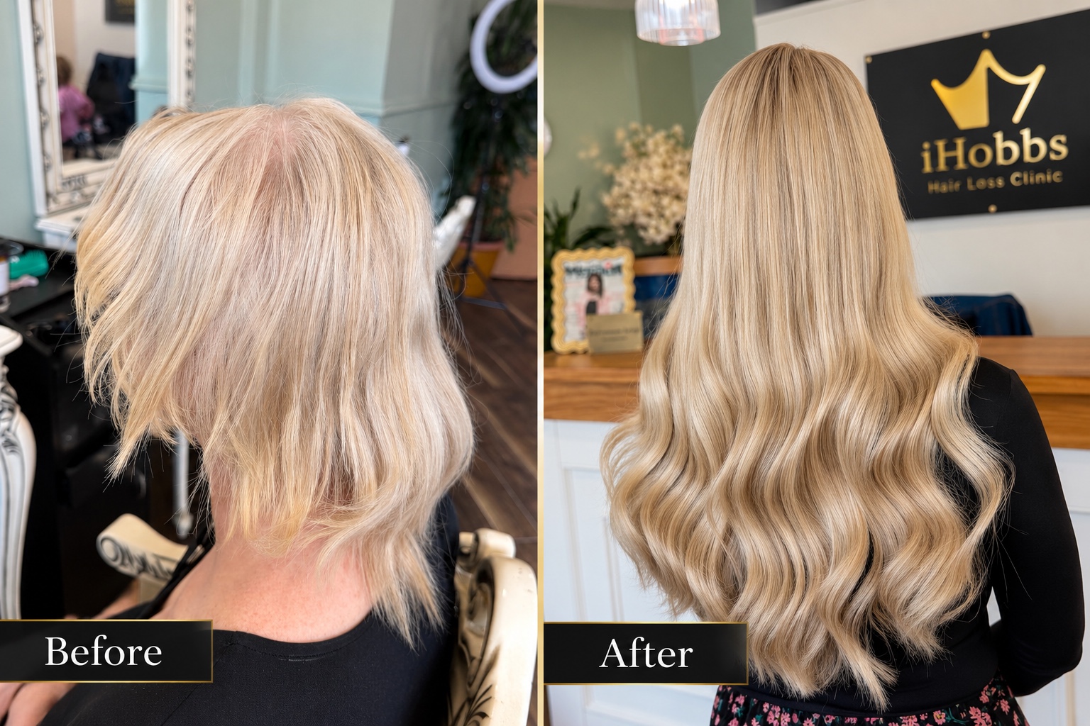 Blonde Silent Weaves™ before and after at iHobbs, from short hair to soft waves