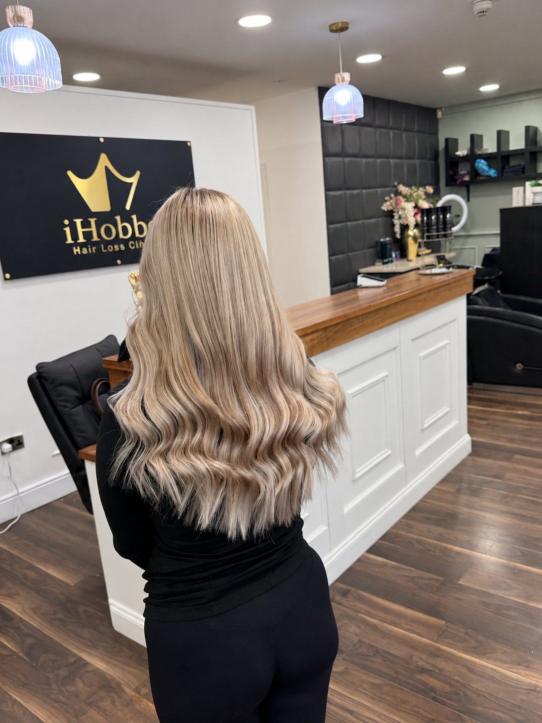 Finished iHobbs blonde hair extensions result photographed in the salon