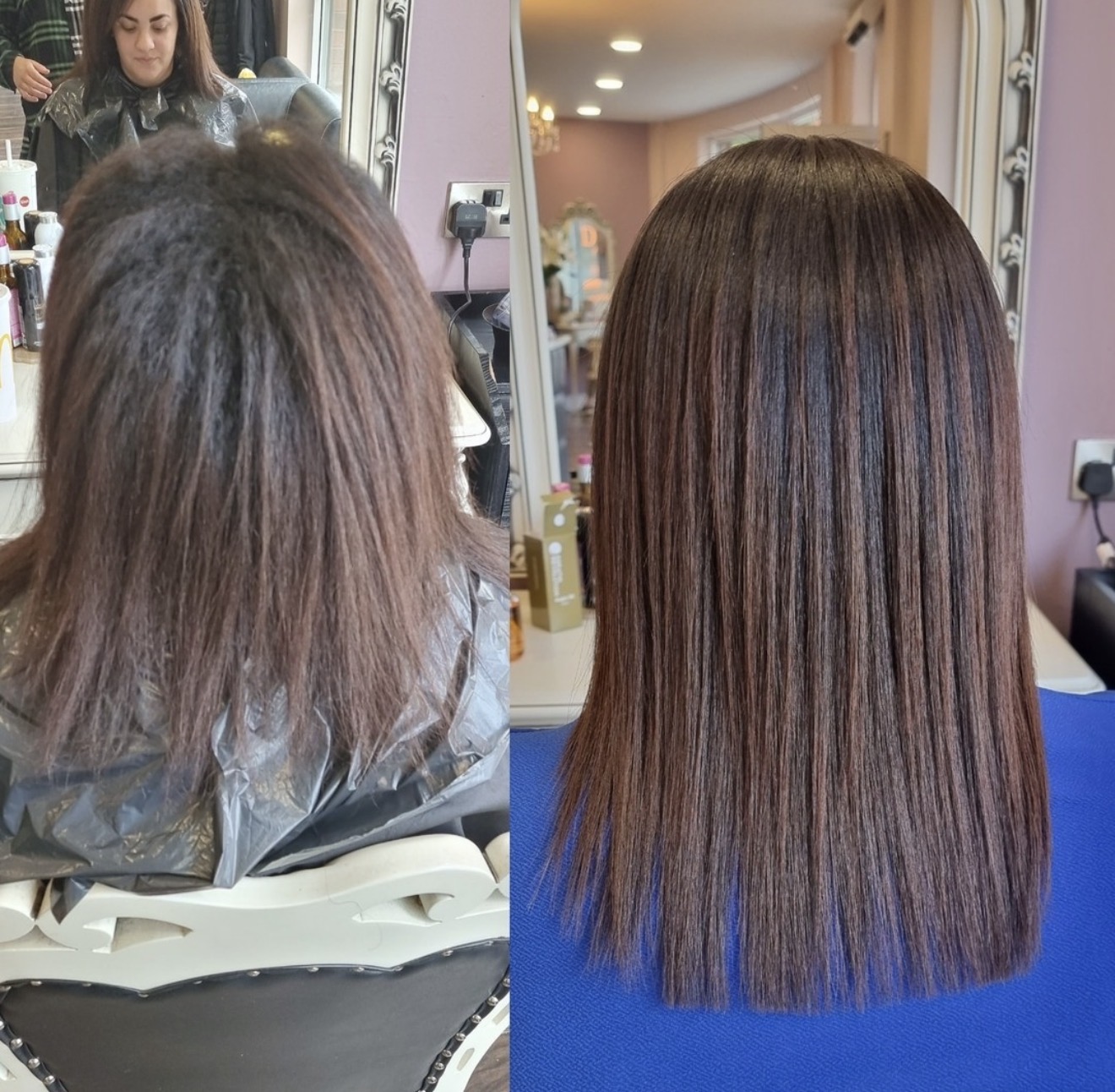 Genuine iHobbs keratin treatment before and after, brunette hair shown before and after the smoothing treatment