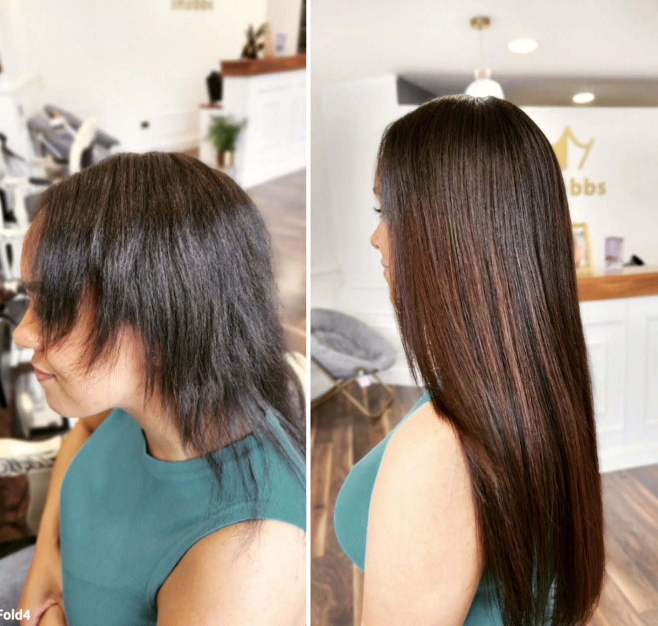 Before and after: natural hair before a Silent Weaves™ installation beside the finished long brunette result at iHobbs