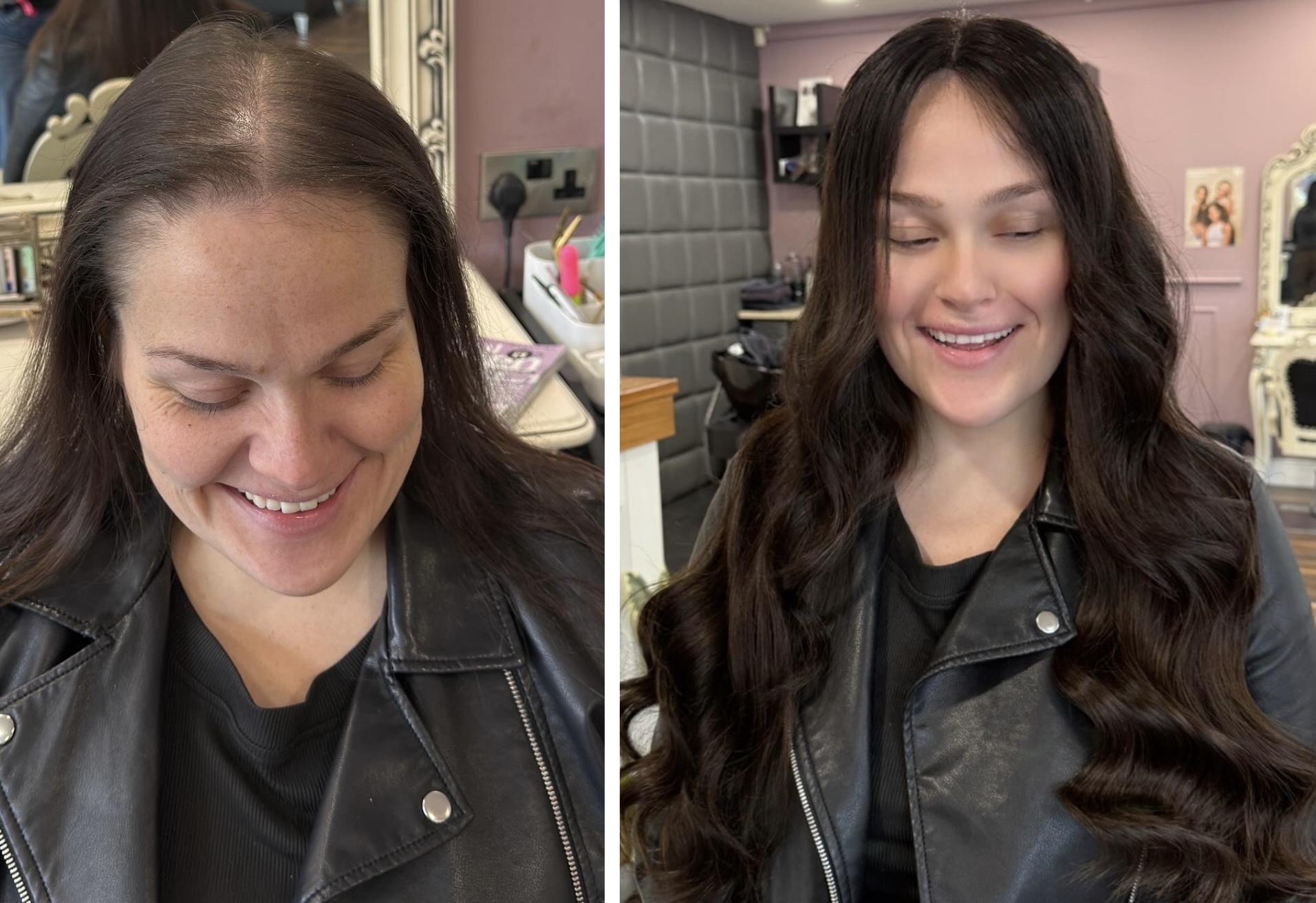 Crown Integration before and after — front view showing restored volume and length