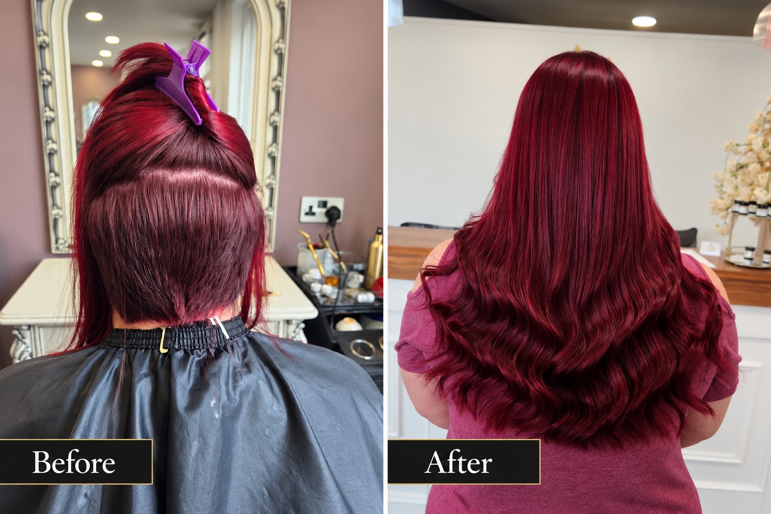 Burgundy Silent Weaves™ before and after at iHobbs, with long glossy waves