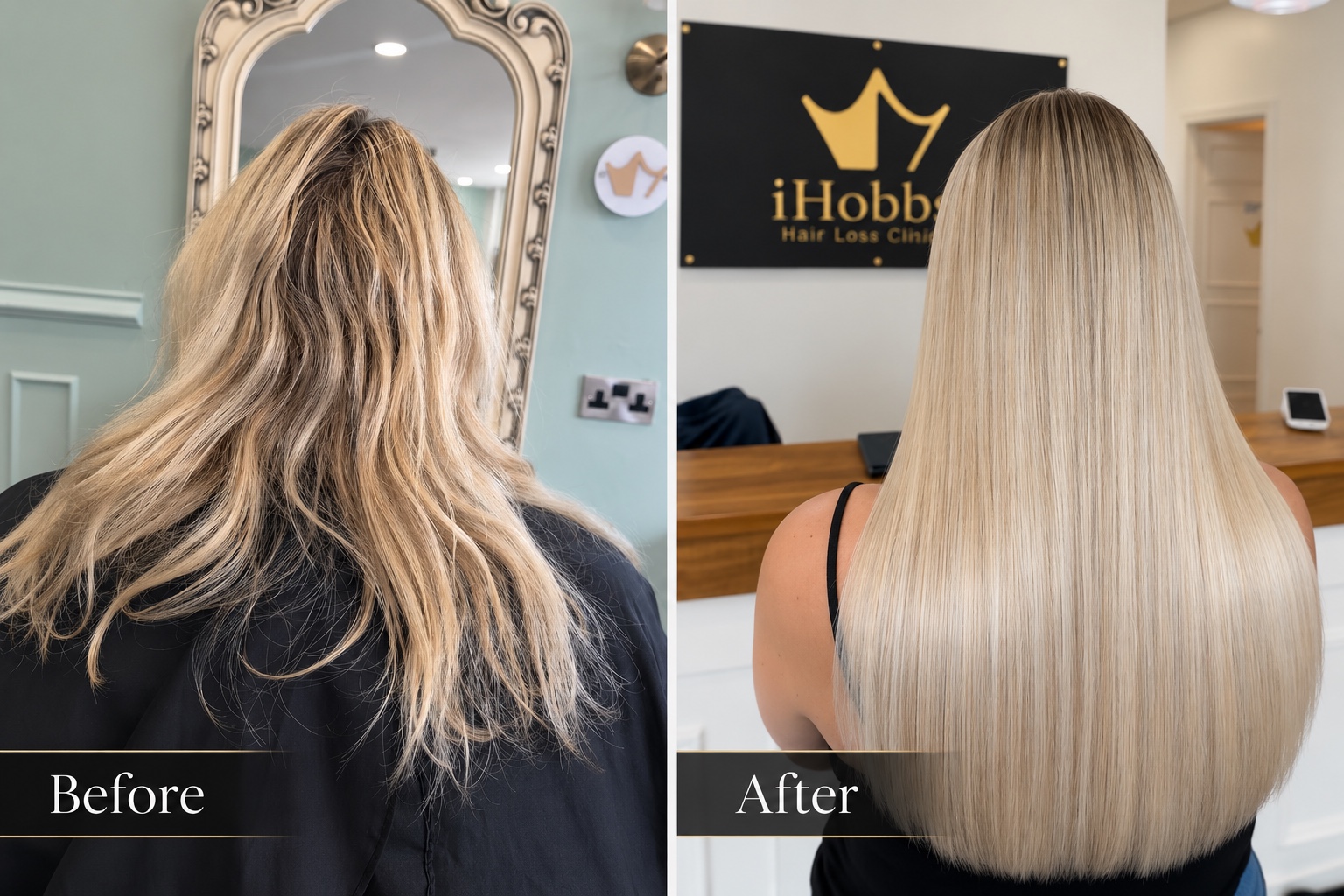 Blonde Silent Weaves™ before and after at iHobbs, with a long sleek finish