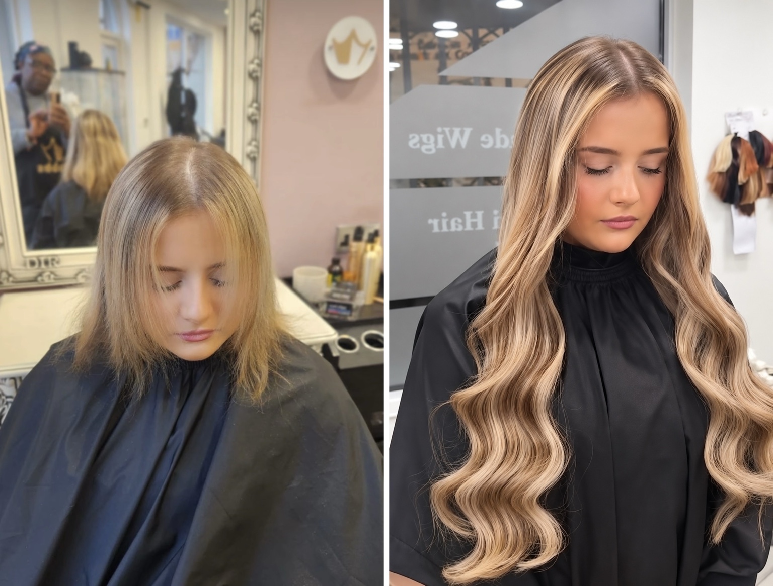 Blonde Silent Weaves™ transformation at iHobbs, from shorter hair to long waves