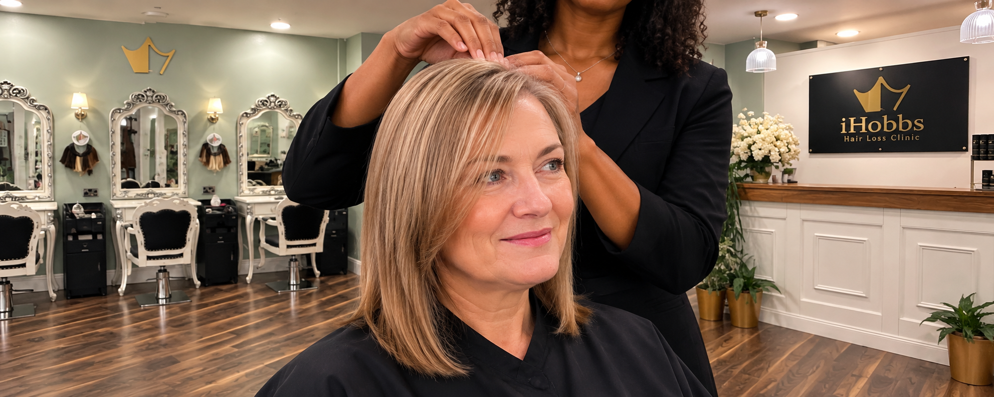 An iHobbs client during a hair loss consultation at the iHobbs Hair Loss Clinic: a specialist assesses her hair and scalp while she sits comfortably in the clinic chair.