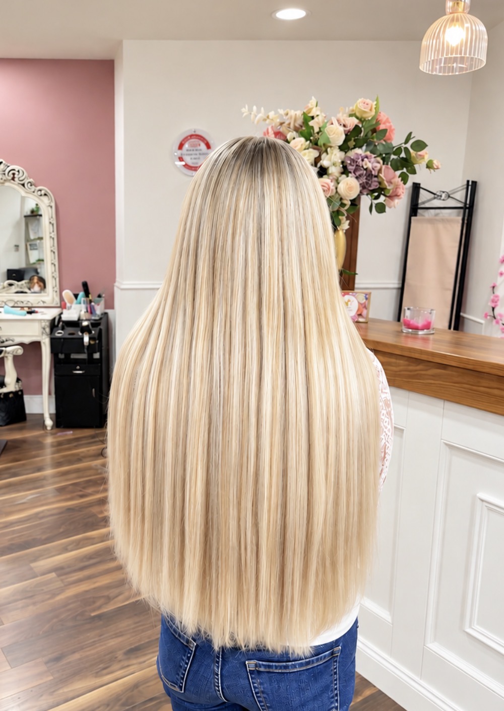 Finished long, full blonde Nano Extensions result at iHobbs