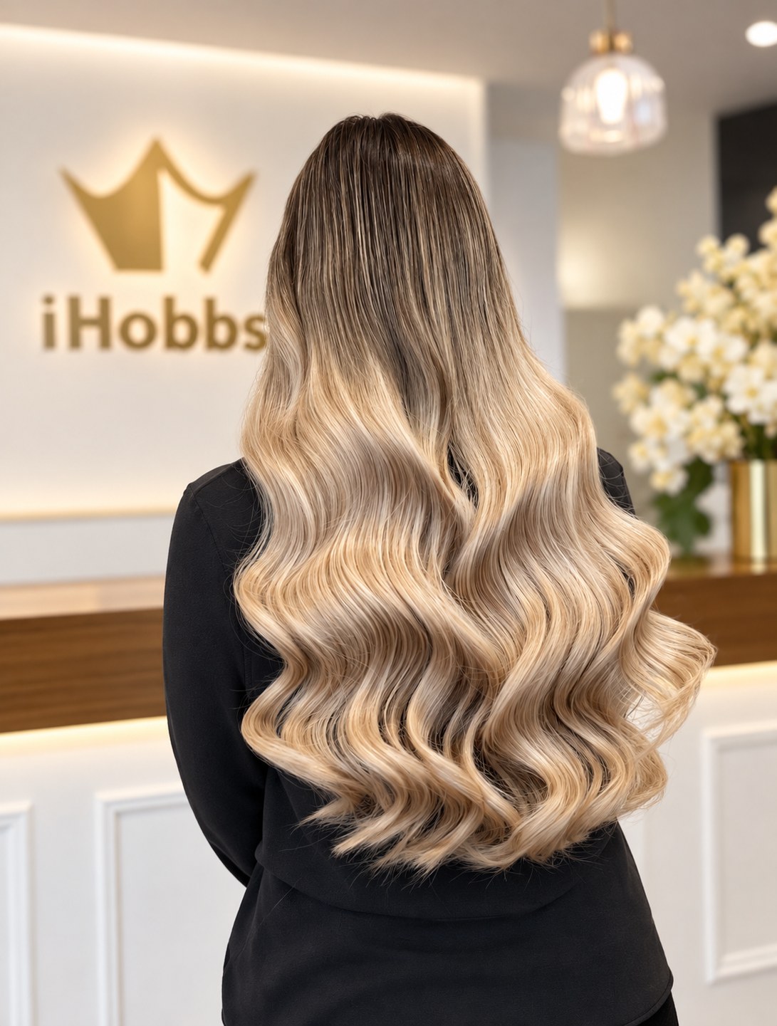 Finished Silent Weaves™ result at the iHobbs salon, showing long, full blonde waves from behind in front of the iHobbs crown sign